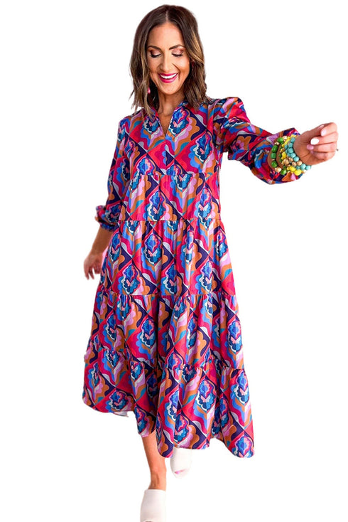 Multi-Color Abstract Geometric Print Long Sleeve High Waist Dress